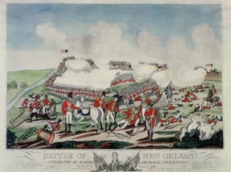 Schlacht von New Orleans und Tod von Generalmajor Packenham am 8. Januar 1815, graviert von J. Yeager, veröffentlicht von McCarly und Davis, 1817